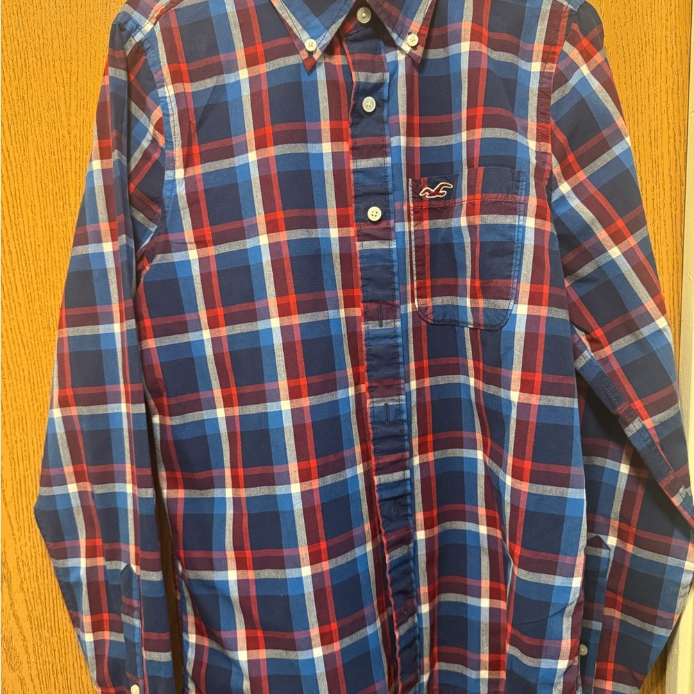 Hollister men plaid long sleeve shirt bottom down blue and red